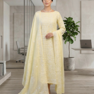 Pastel Lemon Yellow Hand Embroidered Chikankari Lawn 2-Piece Unstitched Suit for Women | Premium Lawn Collection