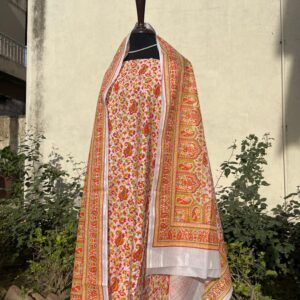 Handmade White Floral Vine & Paisley Block Printed Pure Lawn 2 Piece Unstitched Suit with Brochia Dupatta