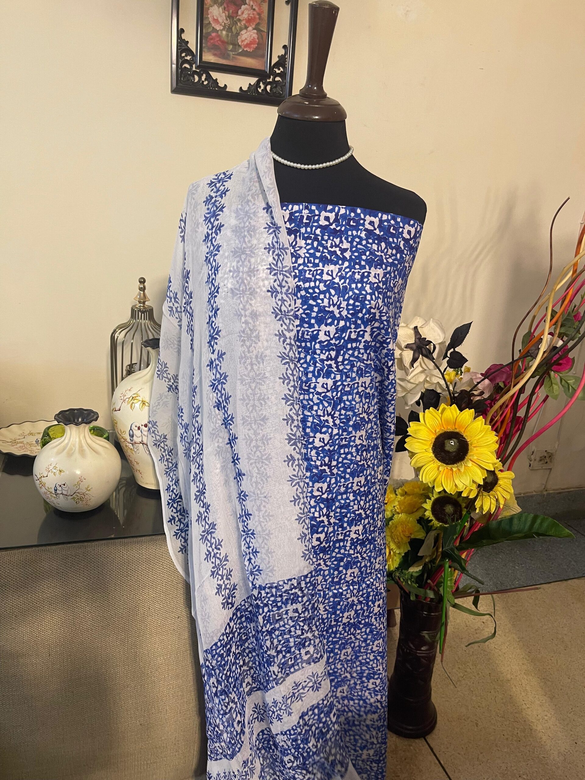 Royal Blue Block Printed Lawn Suit with Soft Chiffon Dupatta | Premium Unstitched 2 Piece - Image 4