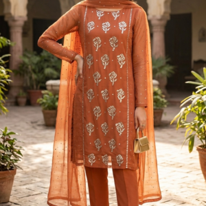 Rust Peach Mukesh Kamdani Shaffon Suit with Hand Embellishment | Kaar-e-Nakh