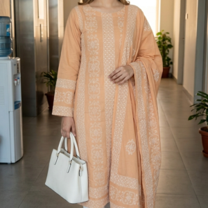 Beige Peach Handmade Chikankari with Taar Kashi Premium Pure Lawn Unstitched 3 Piece Suit with Embroidered Dupatta