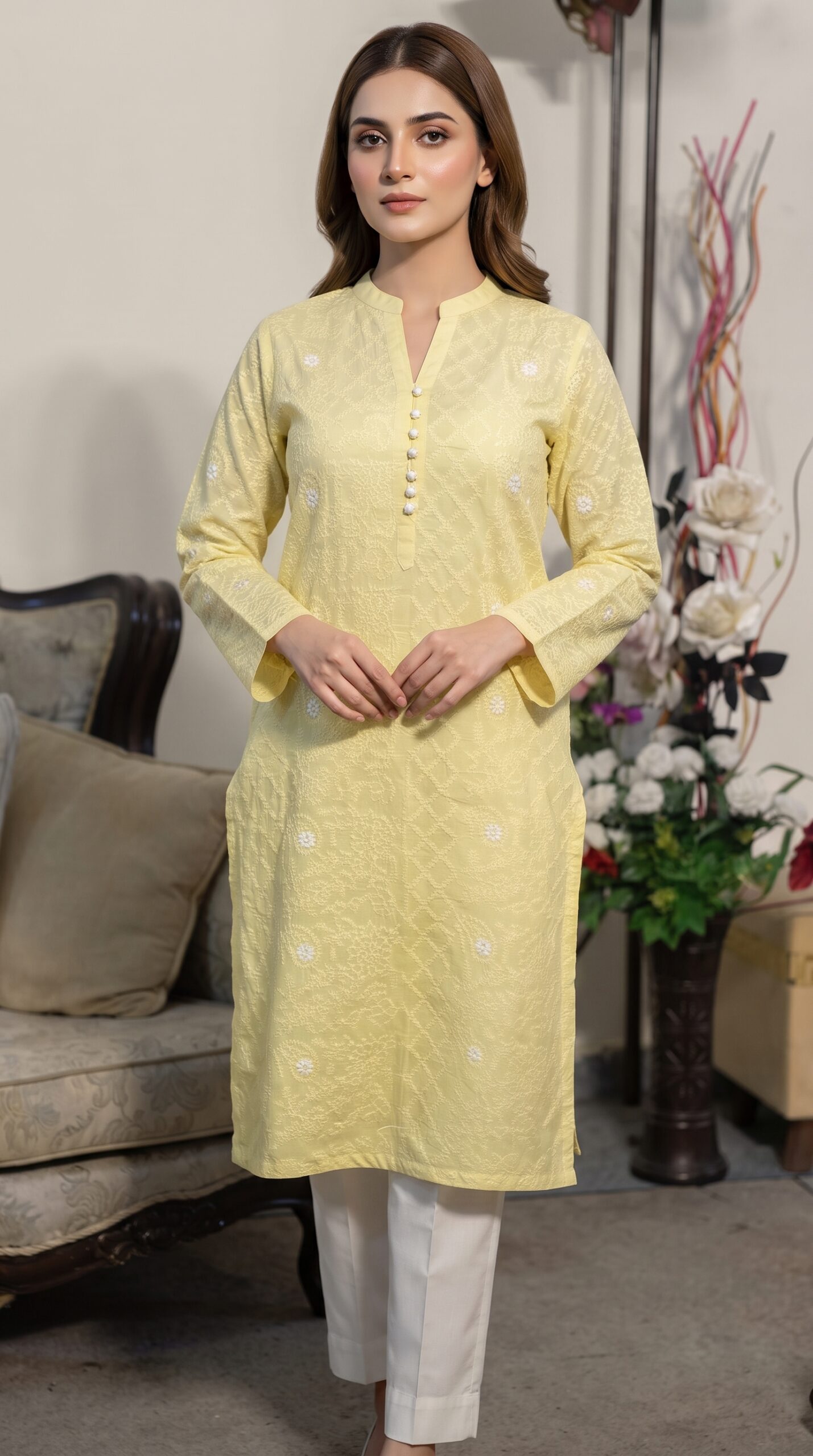 sunshine-yellow-handmade-chikankari-lawn-kurta-for-women-premium-embroidered-summer-lawn-shirt