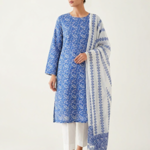 Royal Blue Block Printed Lawn Suit with Soft Chiffon Dupatta | Premium Unstitched 2 Piece