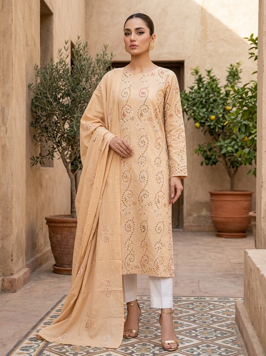 beige-peach-with-dark-green-multicolor-french-knot-embroidered-pure-lawn-unstitched-suit-beige-peach-pure-lawn-dupatta