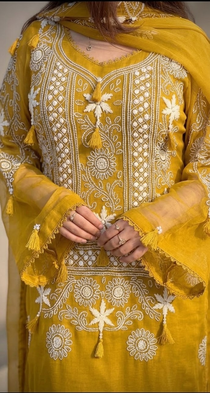 Mustard with White Embroidery Floral Chiffon Unstitched Suit | Mustard Chiffon Dupatta - Image 2