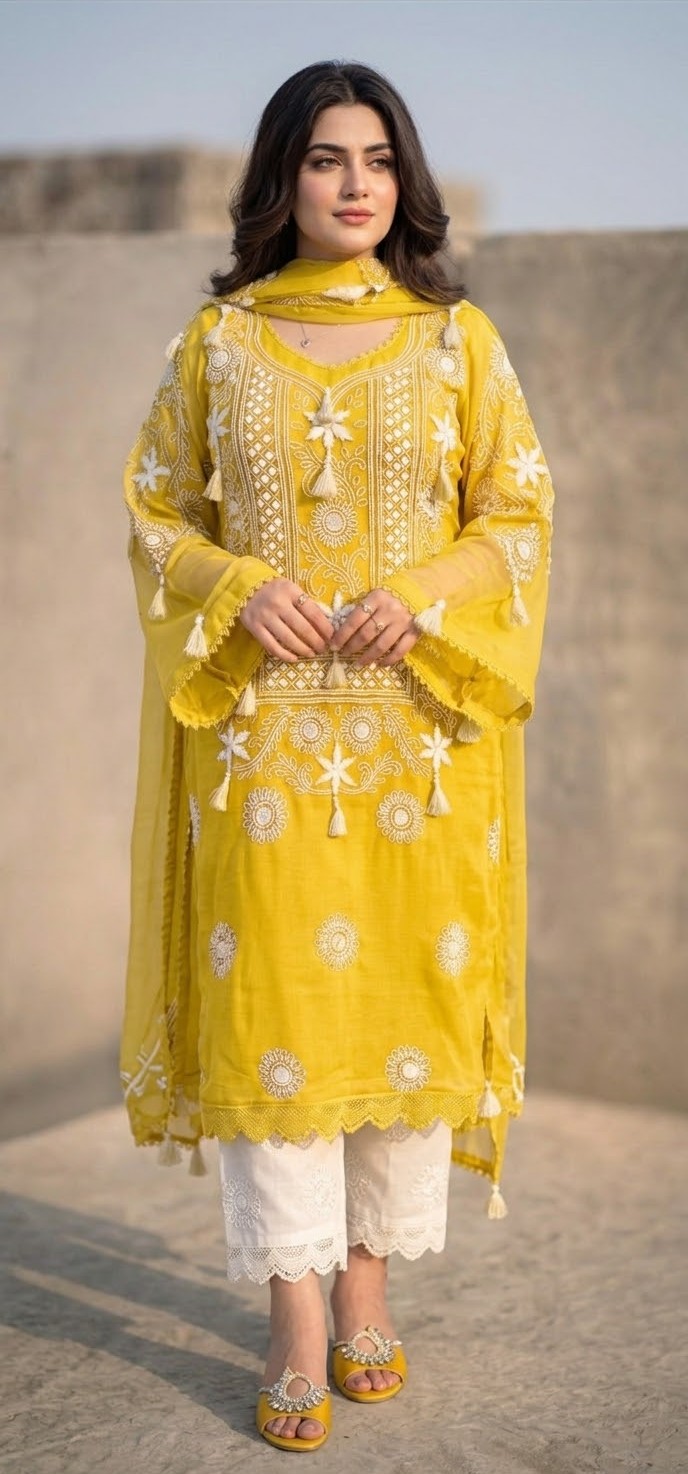 Sunshine Yellow with White Floral Embroidery Premium Chiffon Unstitched Suit | Sunshine Yellow Chiffon Dupatta - Image 2