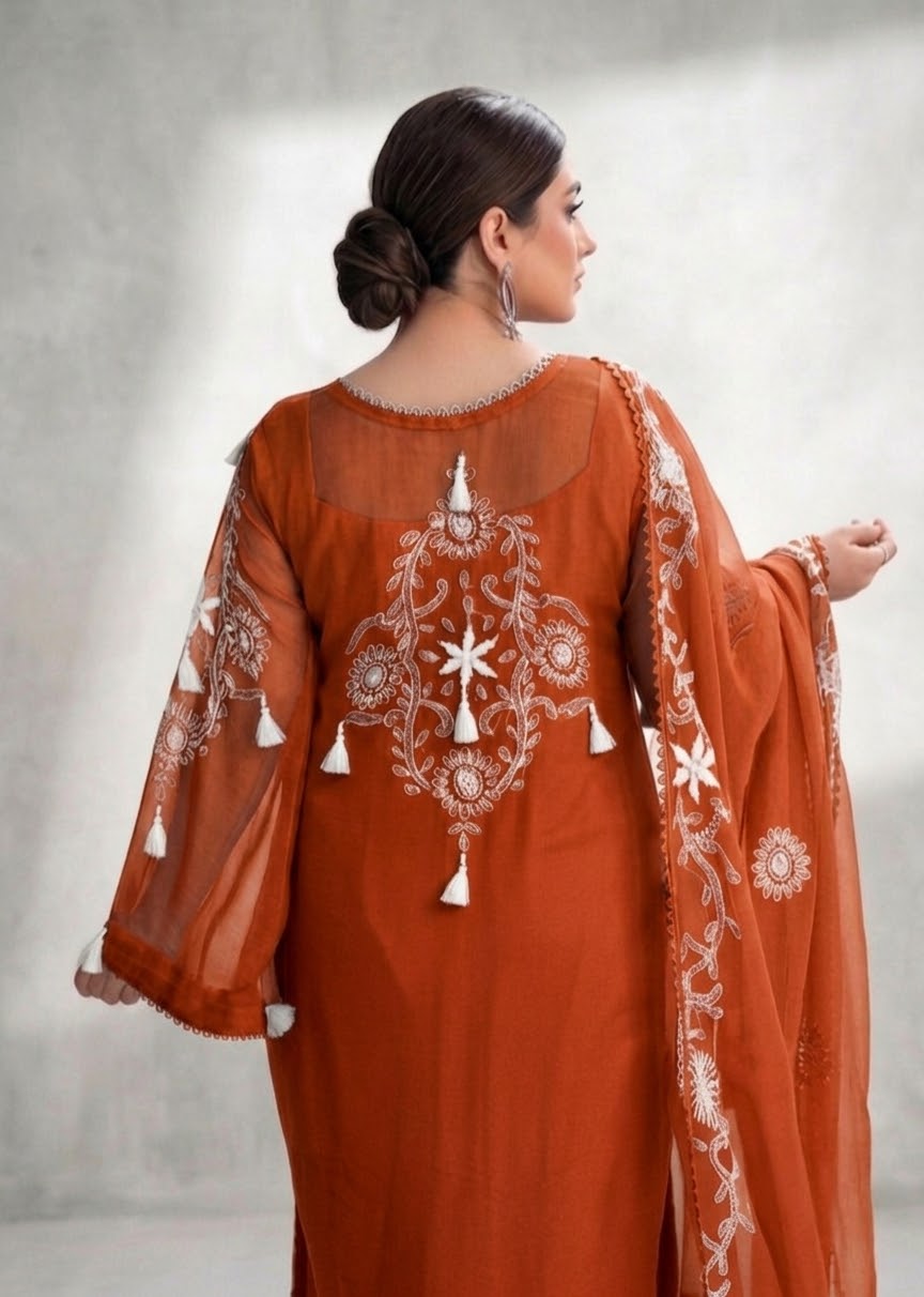 Burnt Orange with White Floral Embroidery Premium Chiffon Unstitched Suit | Burnt Orange Chiffon Dupatta - Image 2