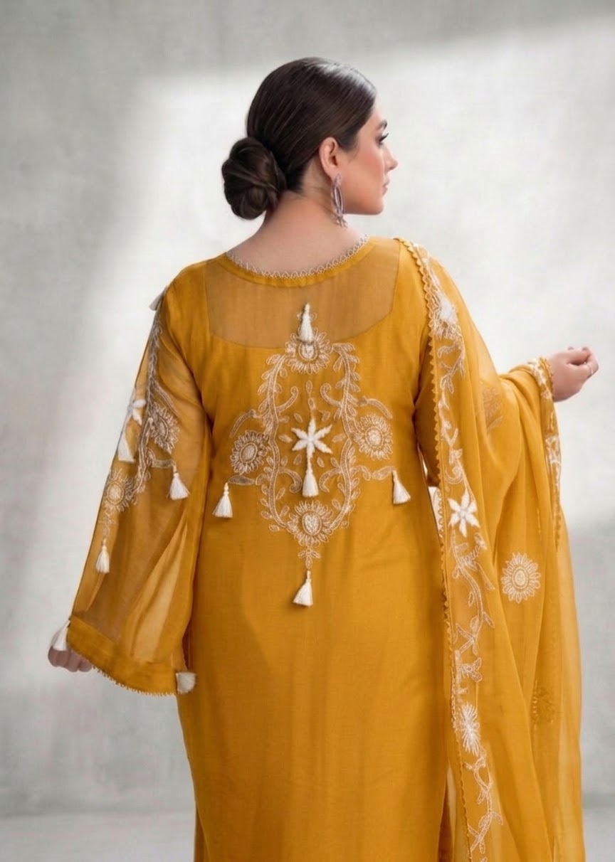 Mustard with White Embroidery Floral Chiffon Unstitched Suit | Mustard Chiffon Dupatta - Image 3