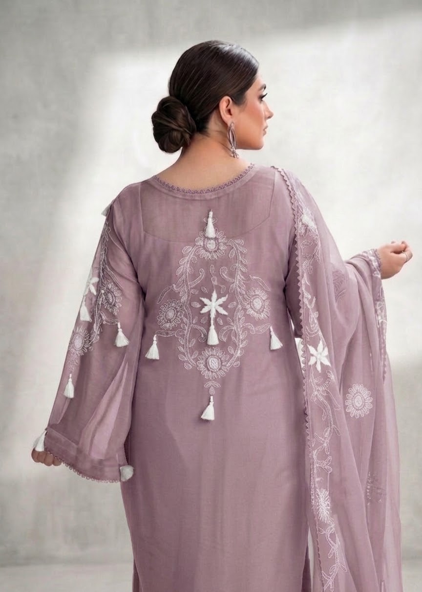 Dusty Mauve with White Floral Embroidery Chiffon Unstitched Suit | Dusty Mauve Chiffon Dupatta - Image 2