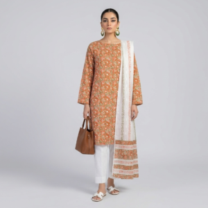Off-White with Rust Orange & Sage Green Block Print Pure Lawn Unstitched Suit | White Broshia Dupatta with Rust Orange & Olive Green Block Print