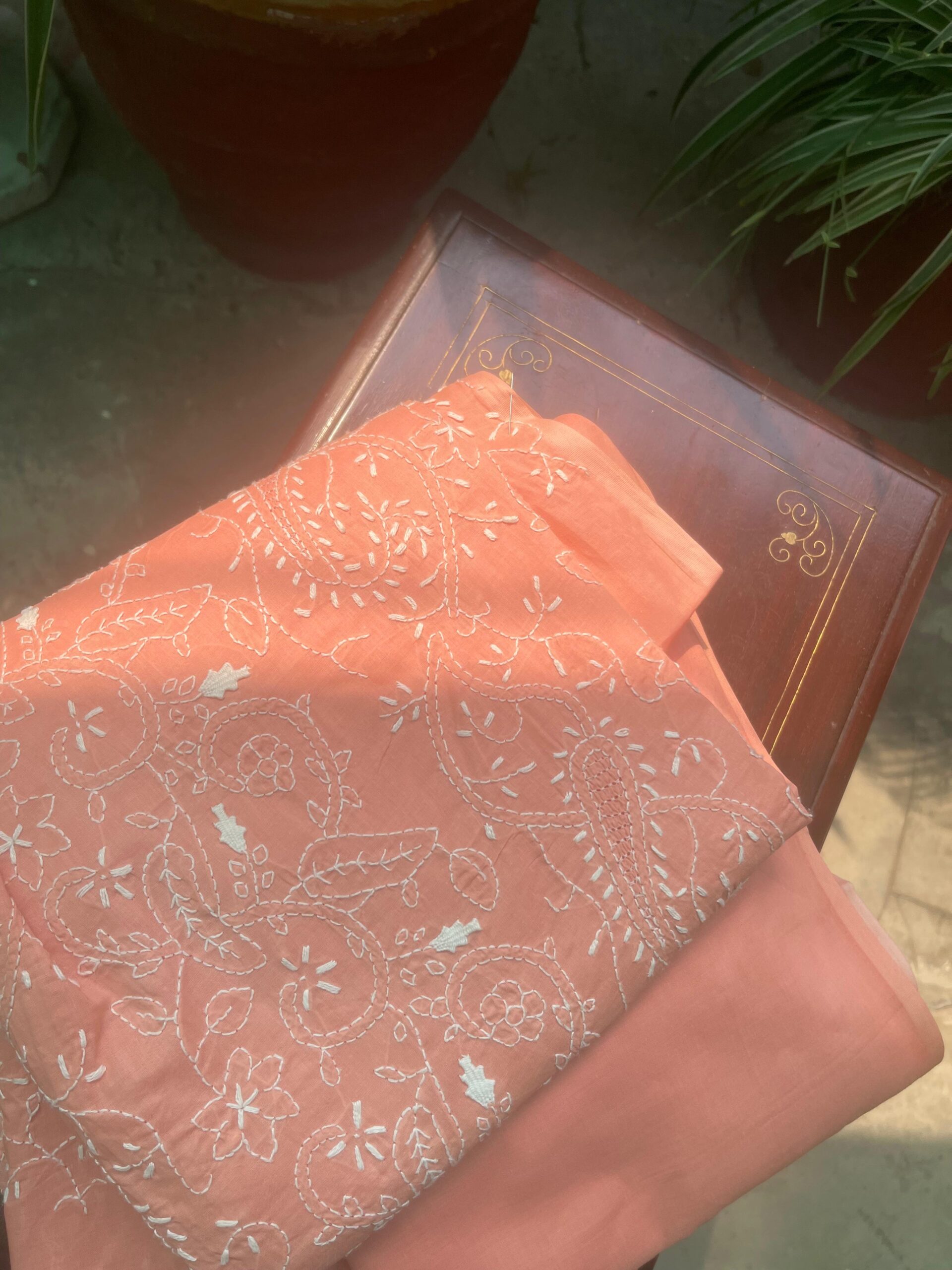 Peach Coral Handmade Chikankari Pure Lawn Shirt & Dupatta - Image 2