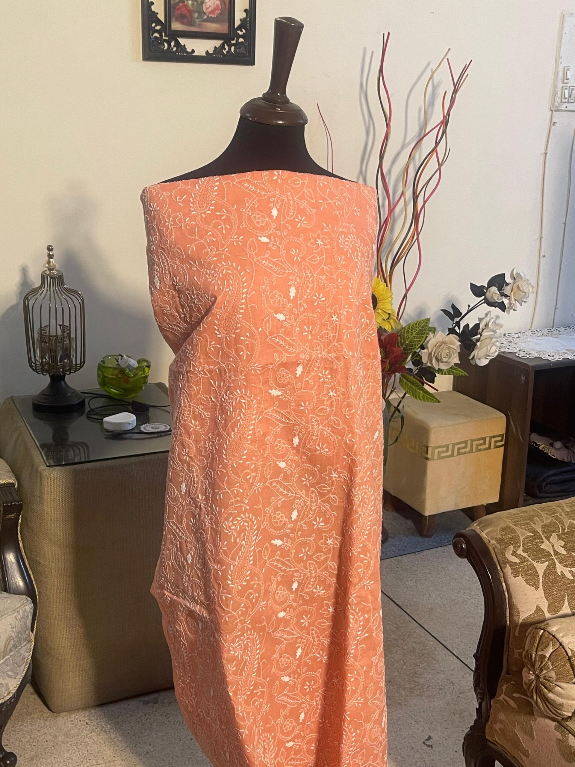 Peach Coral Handmade Chikankari Pure Lawn Shirt & Dupatta - Image 3