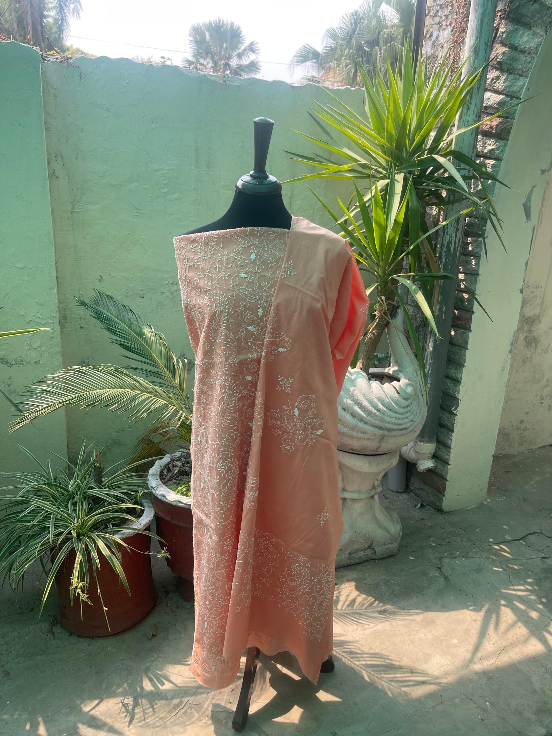 Peach Coral Handmade Chikankari Pure Lawn Shirt & Dupatta - Image 4