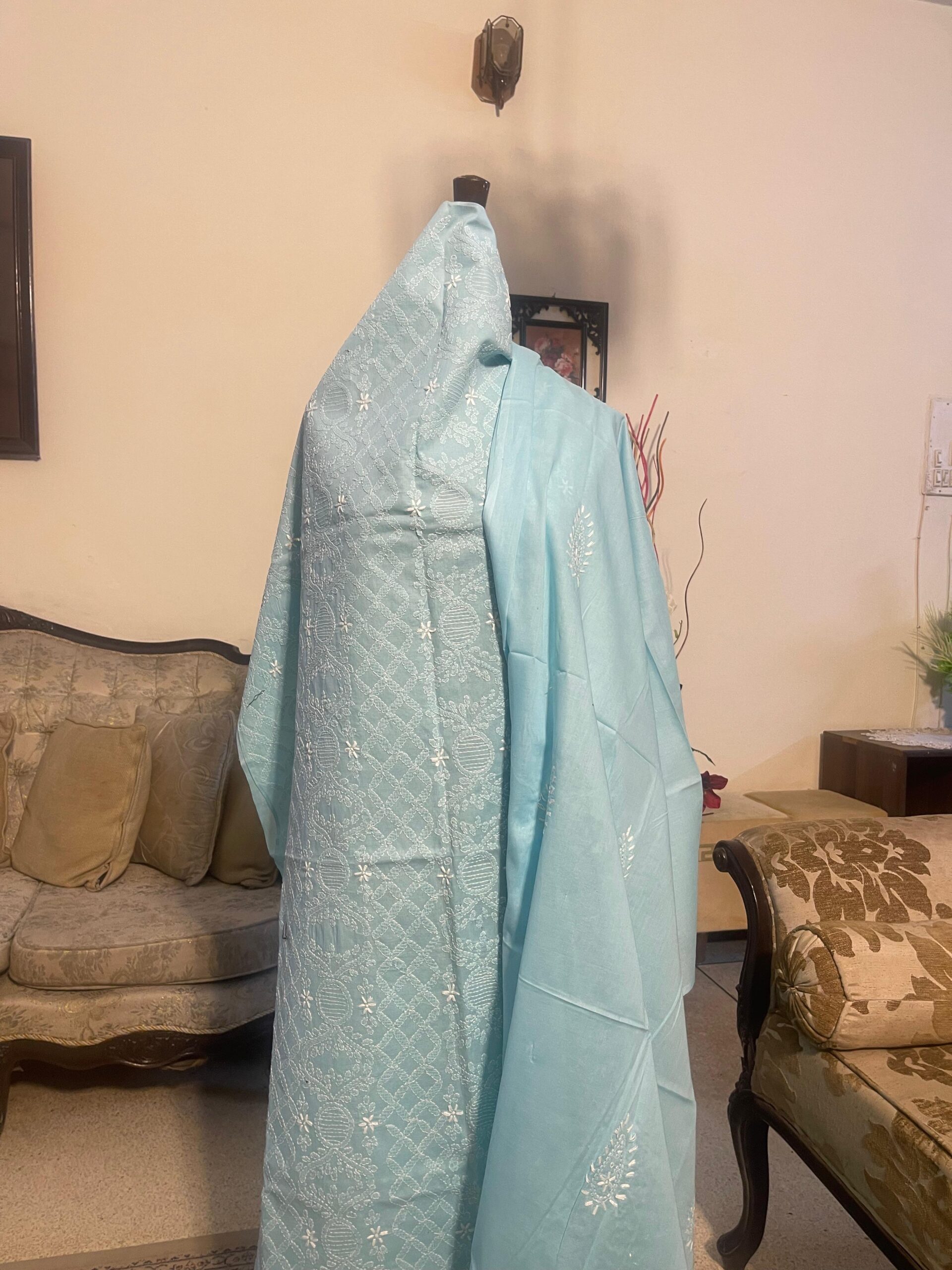 Powder Blue Handmade Embroidered Pure Lawn 2 Piece Unstitched Suit with Elegant Embroidered Dupatta - Image 2