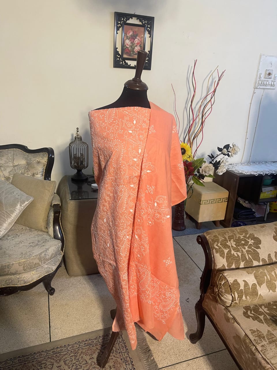 Peach Coral Handmade Chikankari Pure Lawn Shirt & Dupatta - Image 5