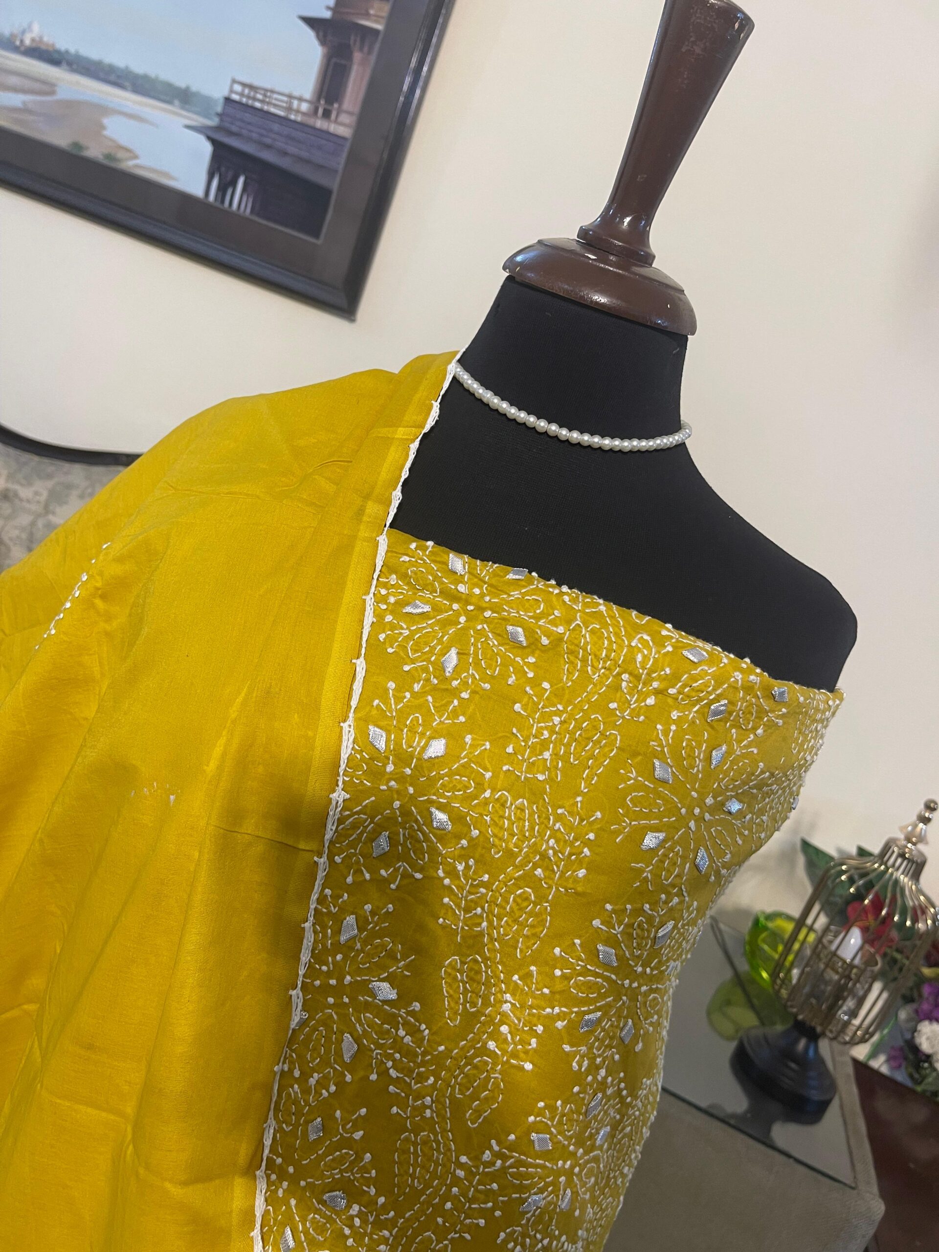 Mustard with White & Silver Gota Kari Pure Lawn Unstitched Suit | Mustard Pure Lawn Dupatta - Image 2