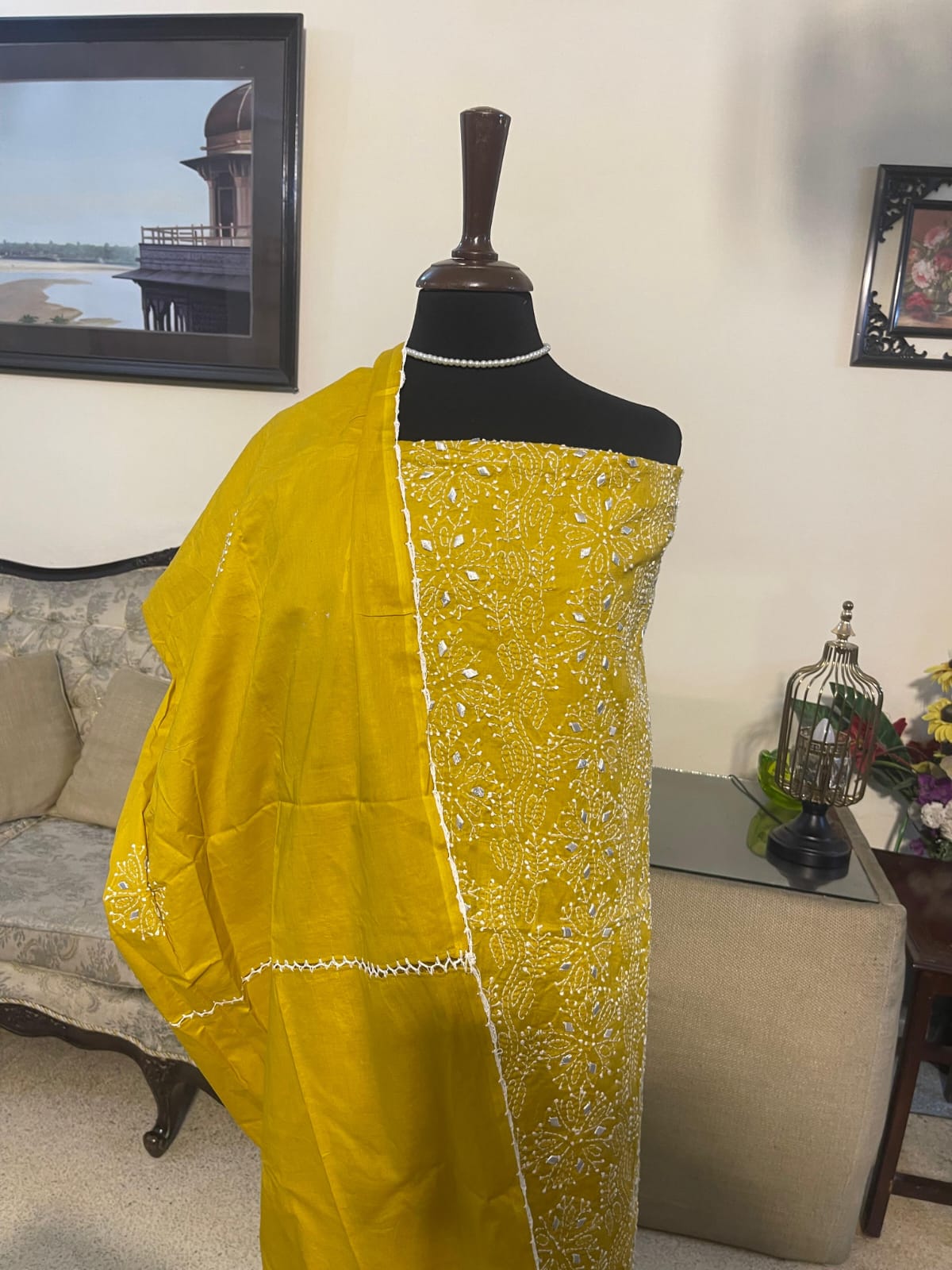 Mustard with White & Silver Gota Kari Pure Lawn Unstitched Suit | Mustard Pure Lawn Dupatta - Image 3