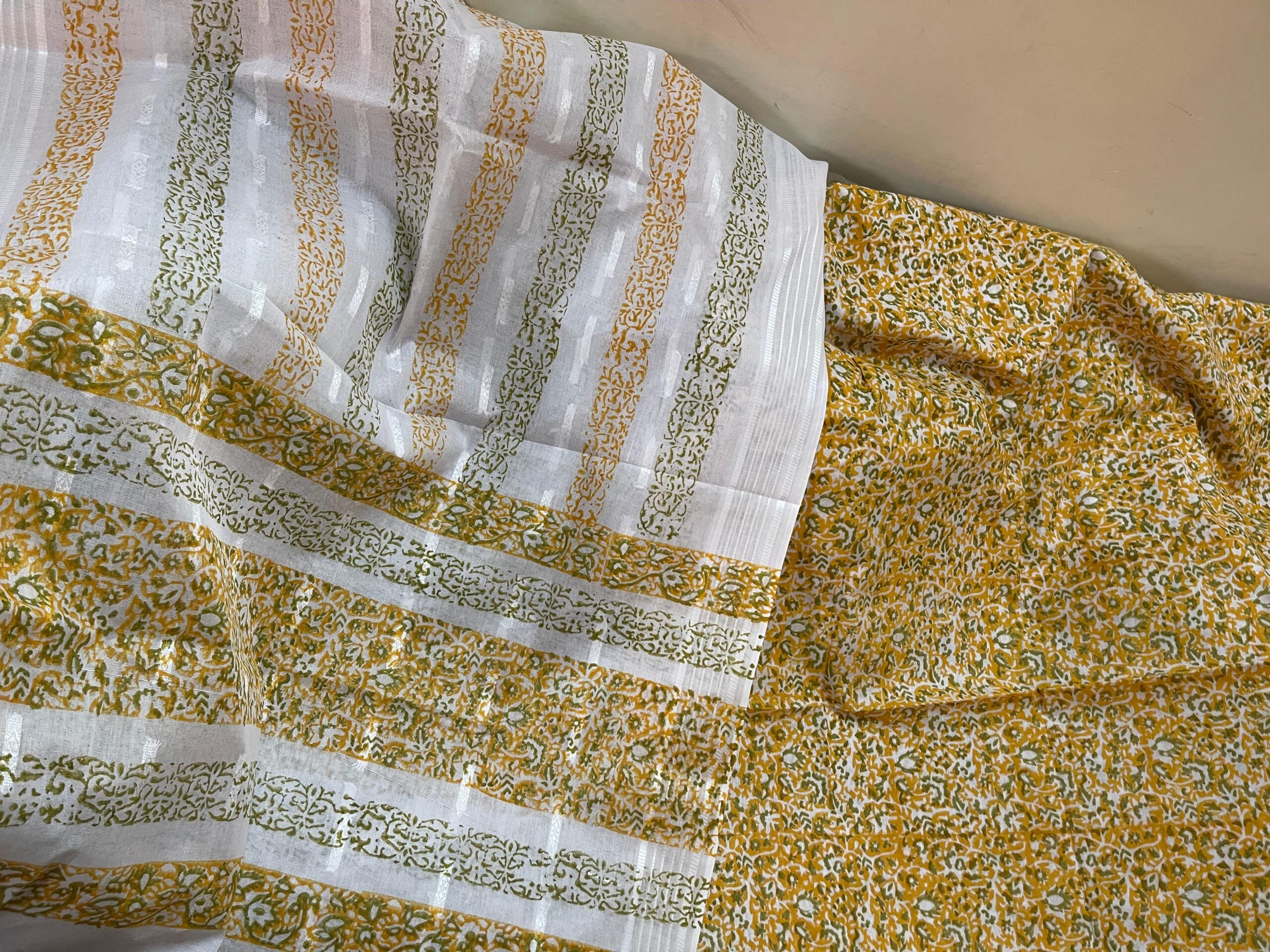 Mustard & Olive Green Hand Block Printed Pure Lawn Suit with White Broshia Dupatta – Organic Color Collection - Image 2