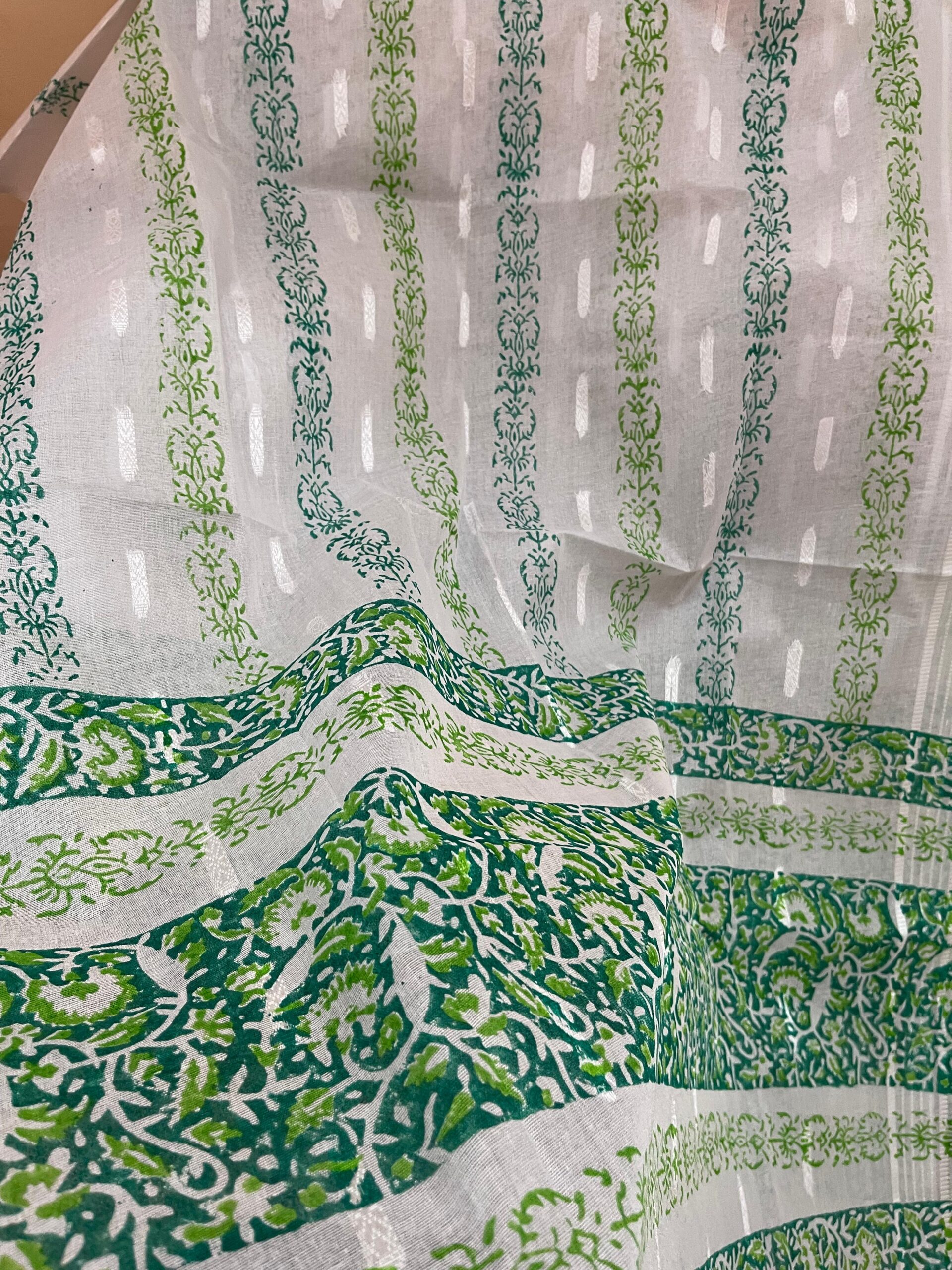 Emerald Green with Light Green & White Floral Paisley Print Pure Lawn Unstitched Suit | White Broshia Dupatta - Image 2