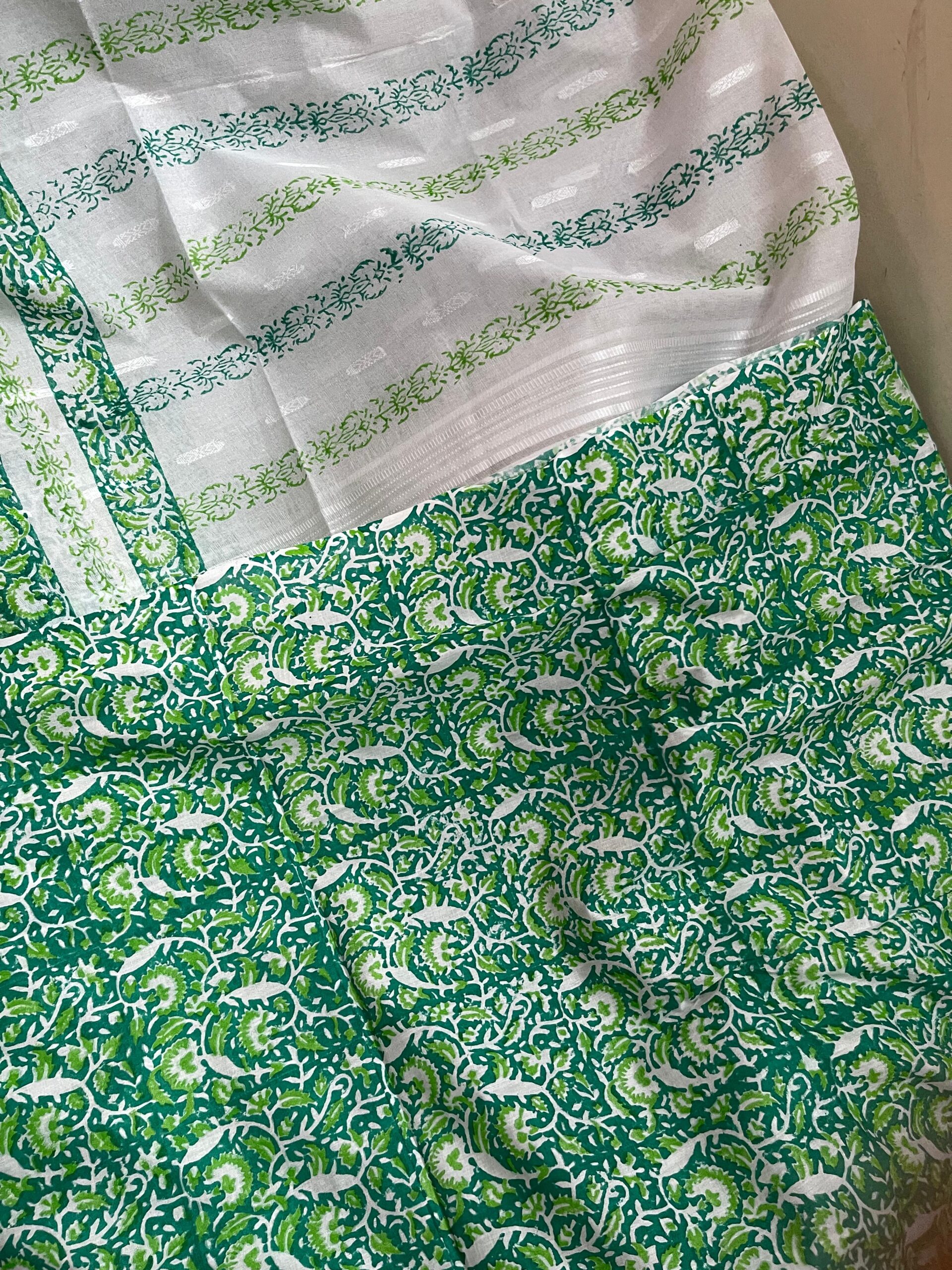 Emerald Green with Light Green & White Floral Paisley Print Pure Lawn Unstitched Suit | White Broshia Dupatta - Image 5