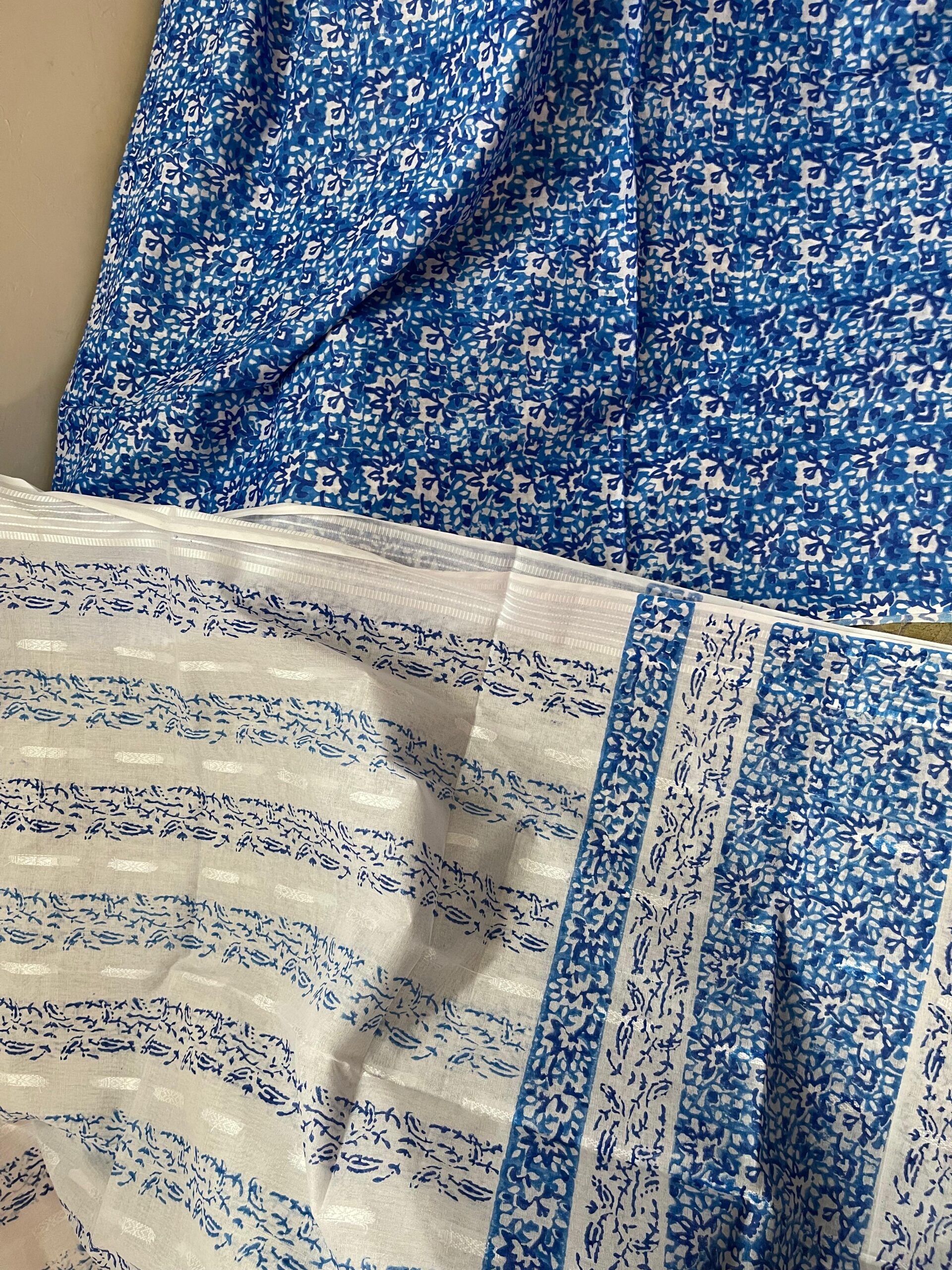 Royal Blue with White Block Print Pure Lawn Unstitched Suit | White with Royal Blue Block Print Broshia Dupatta - Image 4