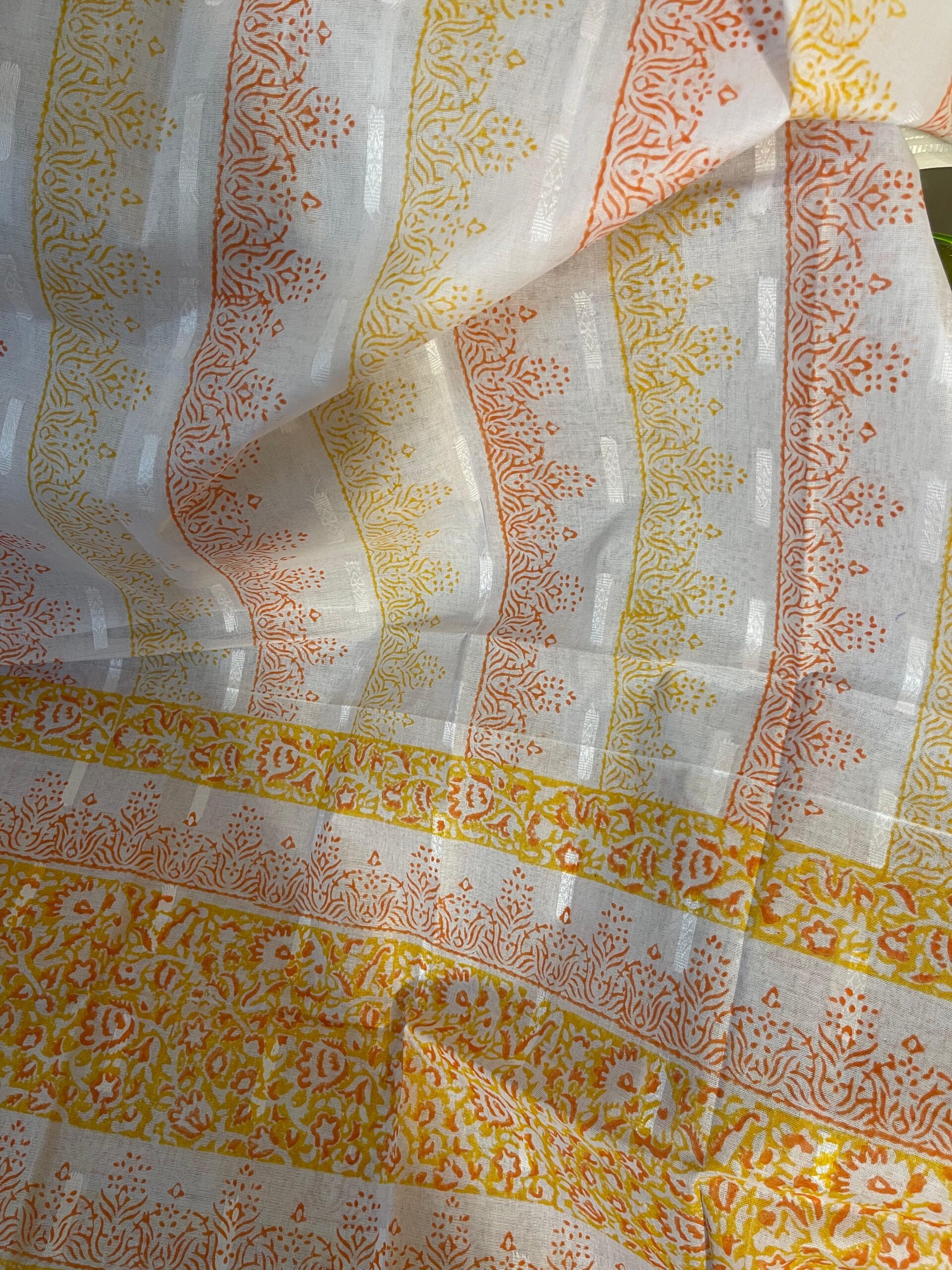 Sunset Yellow & Tangerine Orange Hand Block Printed Pure Lawn Suit with Broshia Dupatta - Image 4