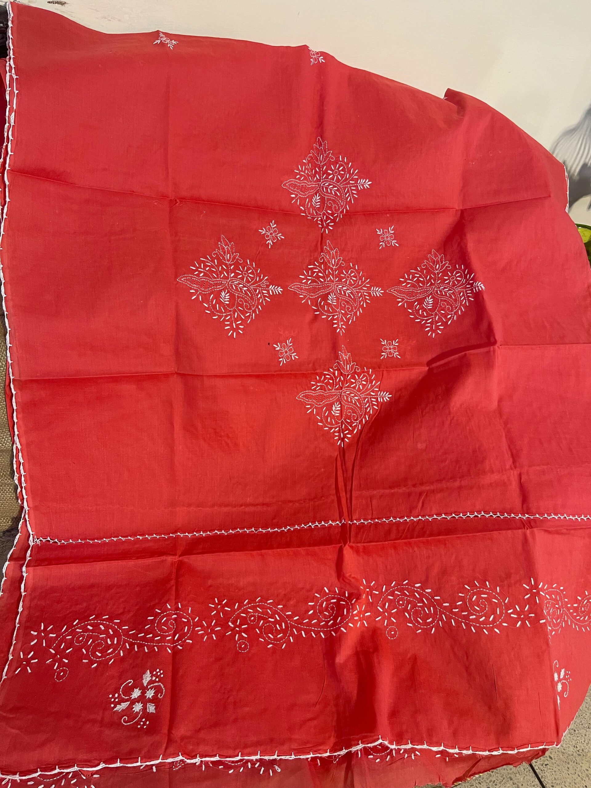 Coral Red with White Embroidery Pure Lawn Unstitched Suit | Coral Red Pure Lawn Dupatta - Image 4