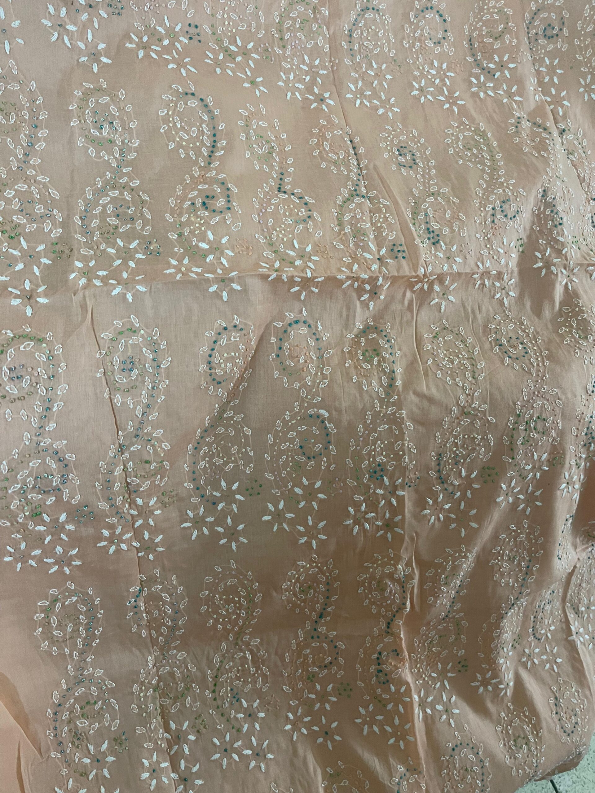 Light Peach Beige with White & Multicolor French Knot Embroidered Pure Lawn Unstitched Suit | Peach Beige Pure Lawn Dupatta - Image 2