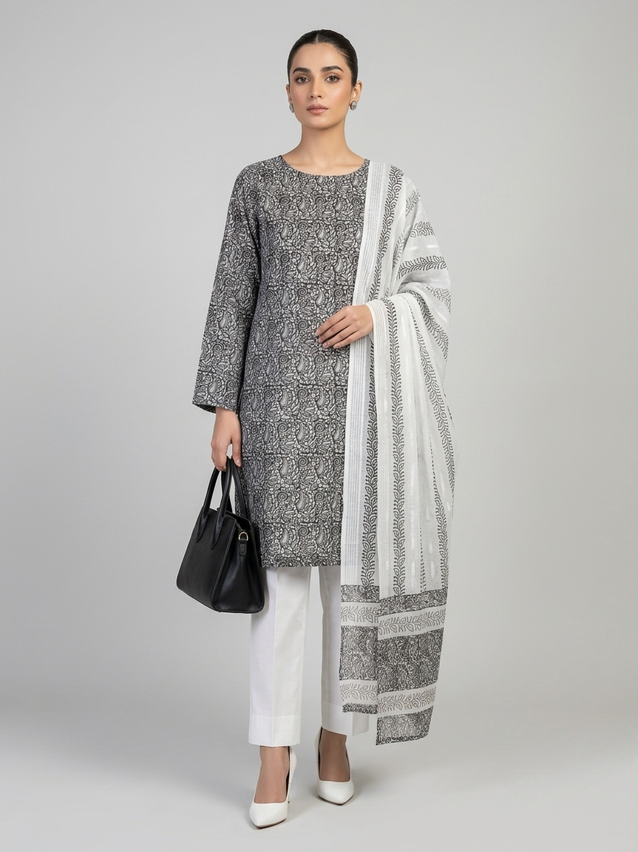 Charcoal Grey with Black & Grey Paisley Block Print Lawn Unstitched Suit | White Lawn Dupatta
