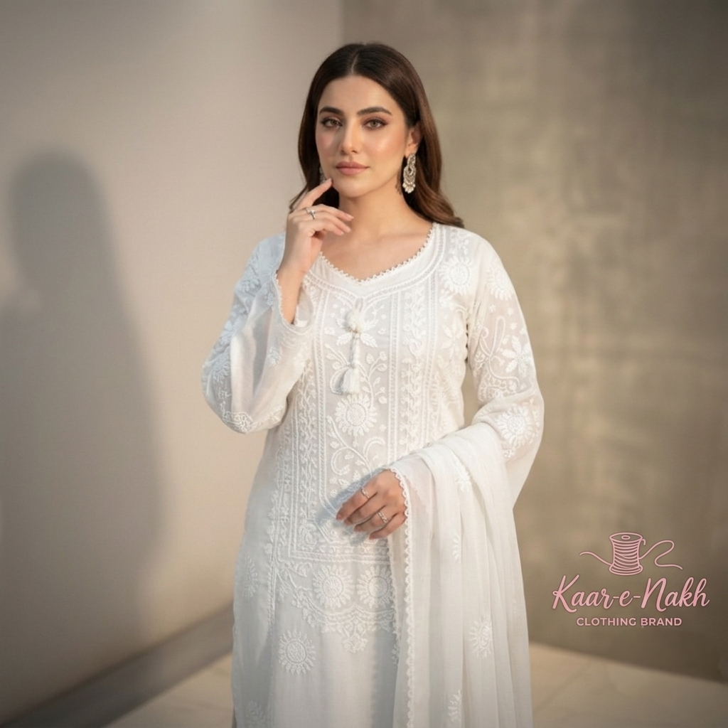 Pure White Hand-Embroidered Chiffon Suit for Women | 4-Sided Embroidered Chiffon Dupatta - Image 2