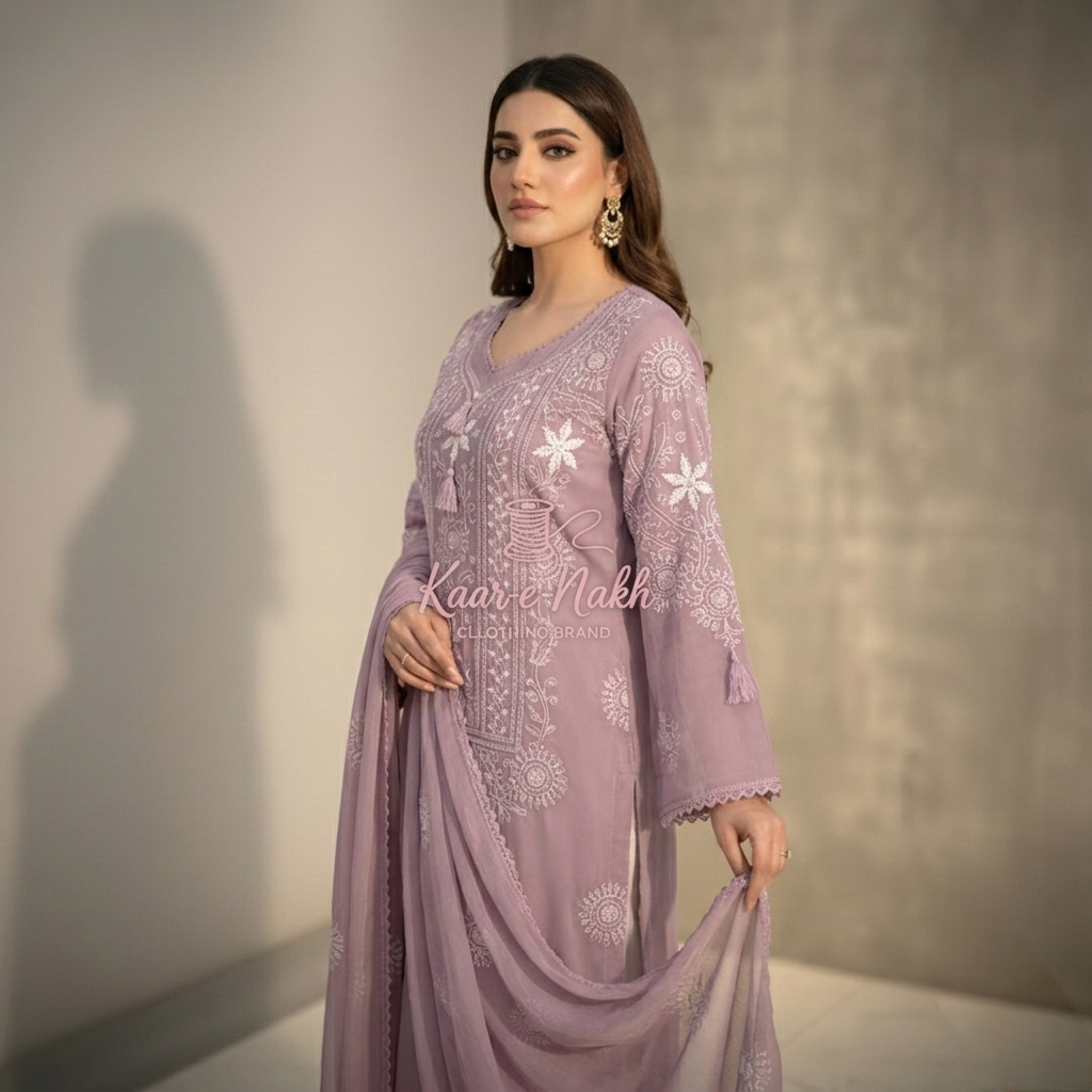 Dusty Mauve with White Floral Embroidery Chiffon Unstitched Suit | Dusty Mauve Chiffon Dupatta - Image 3