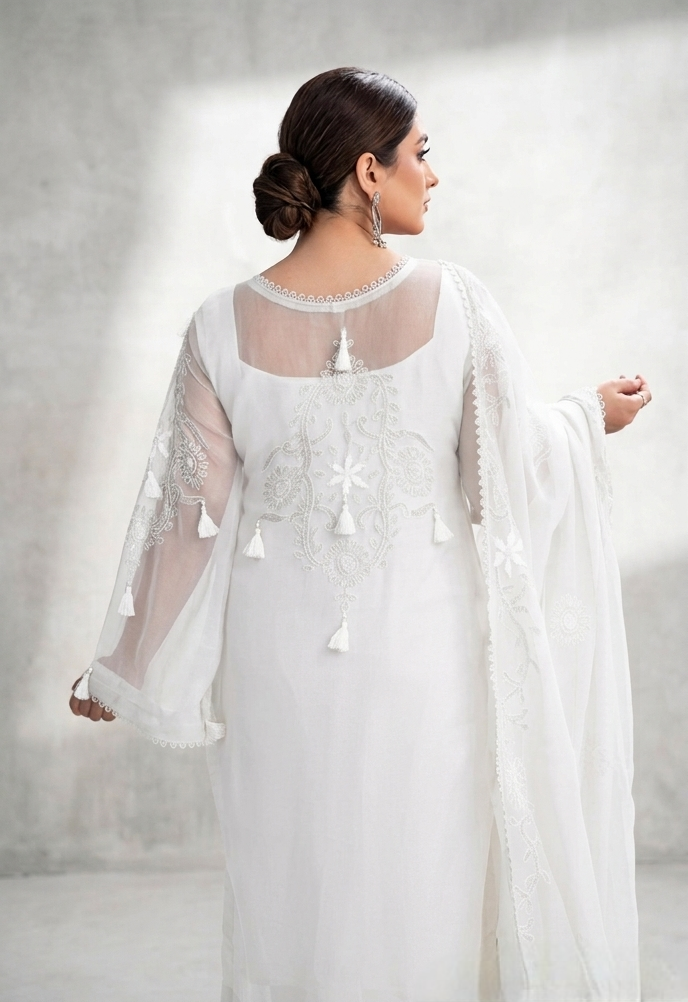 Pure White Hand-Embroidered Chiffon Suit for Women | 4-Sided Embroidered Chiffon Dupatta - Image 3