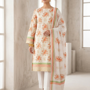 Off-White with Orange & Multicolor Gota Kari Block Print Textured Lawn Unstitched Suit | Off-White Rangoli Lawn Jacquard Dupatta