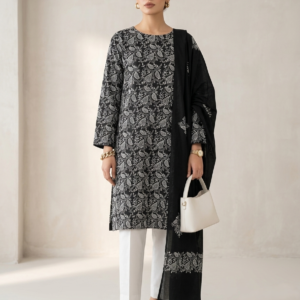 Black with White Handmade Embroidery Premium Lawn Unstitched Suit | Black Pure Lawn Dupatta